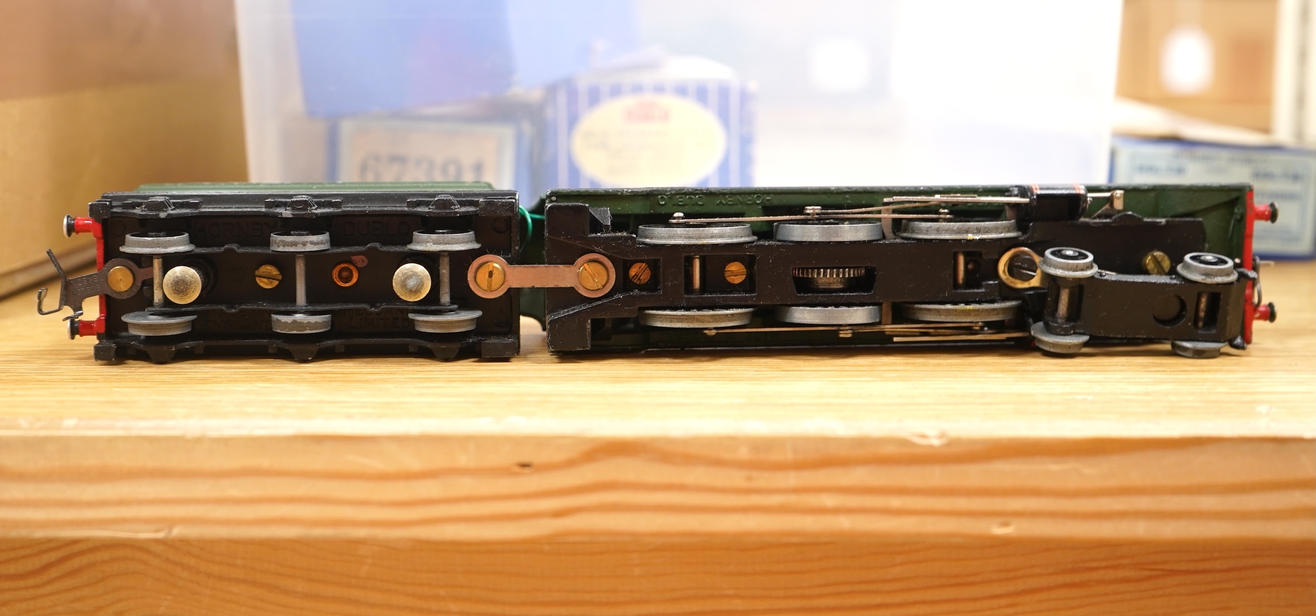 Three boxed Hornby Dublo locomotives for 3 rail running; an LNER Class N2 0-6-2T locomotive, 9595 (in the incorrect box for the BR version EDL17), a BR Bristol Castle, 7013 (EDLT20), and a BR Standard Class 4, 80054, (ED